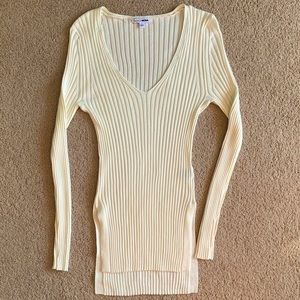 White Ribbed Knit Long Sleeve Shirt